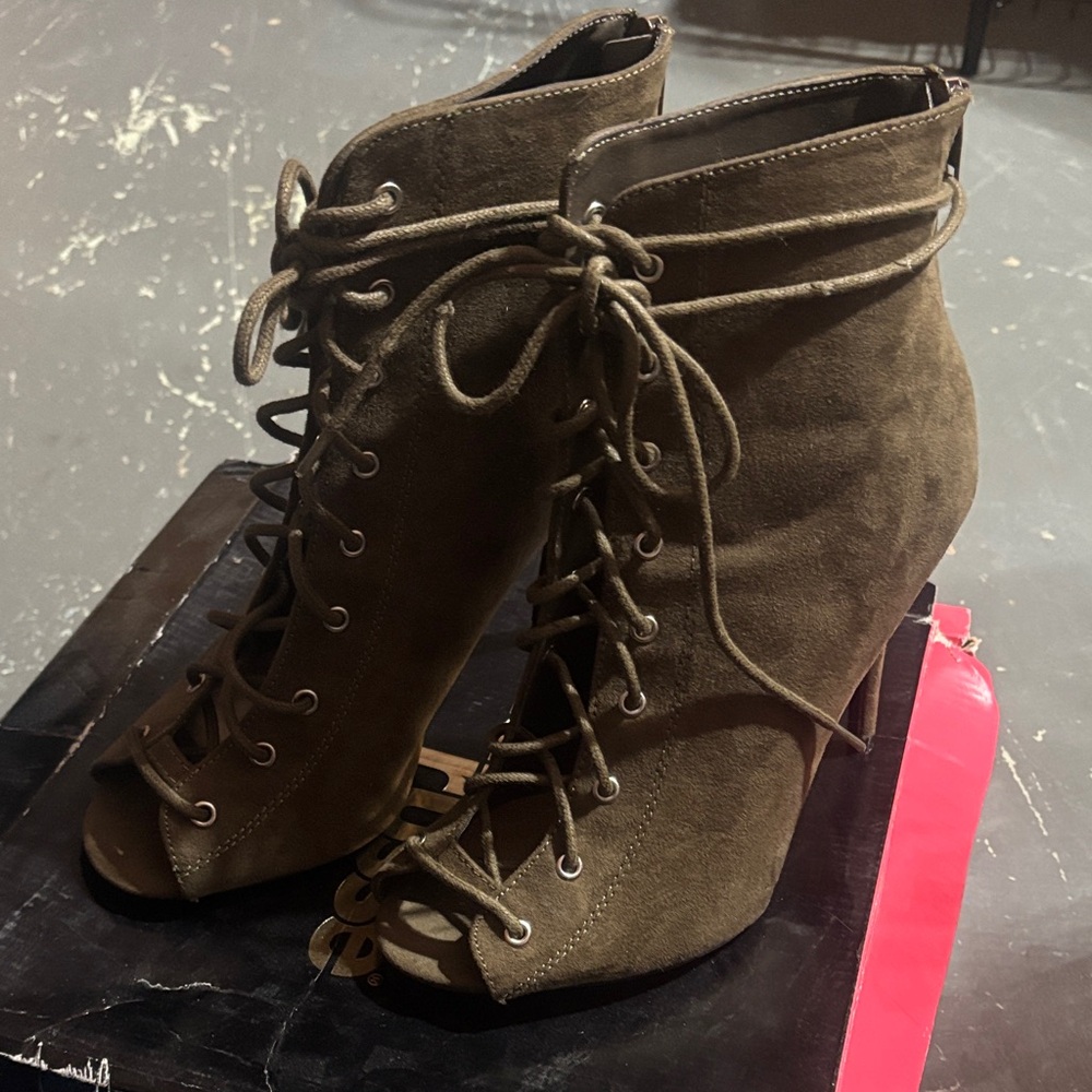 Charlotte Russe Olive Lace-Up Peep Toe Boots